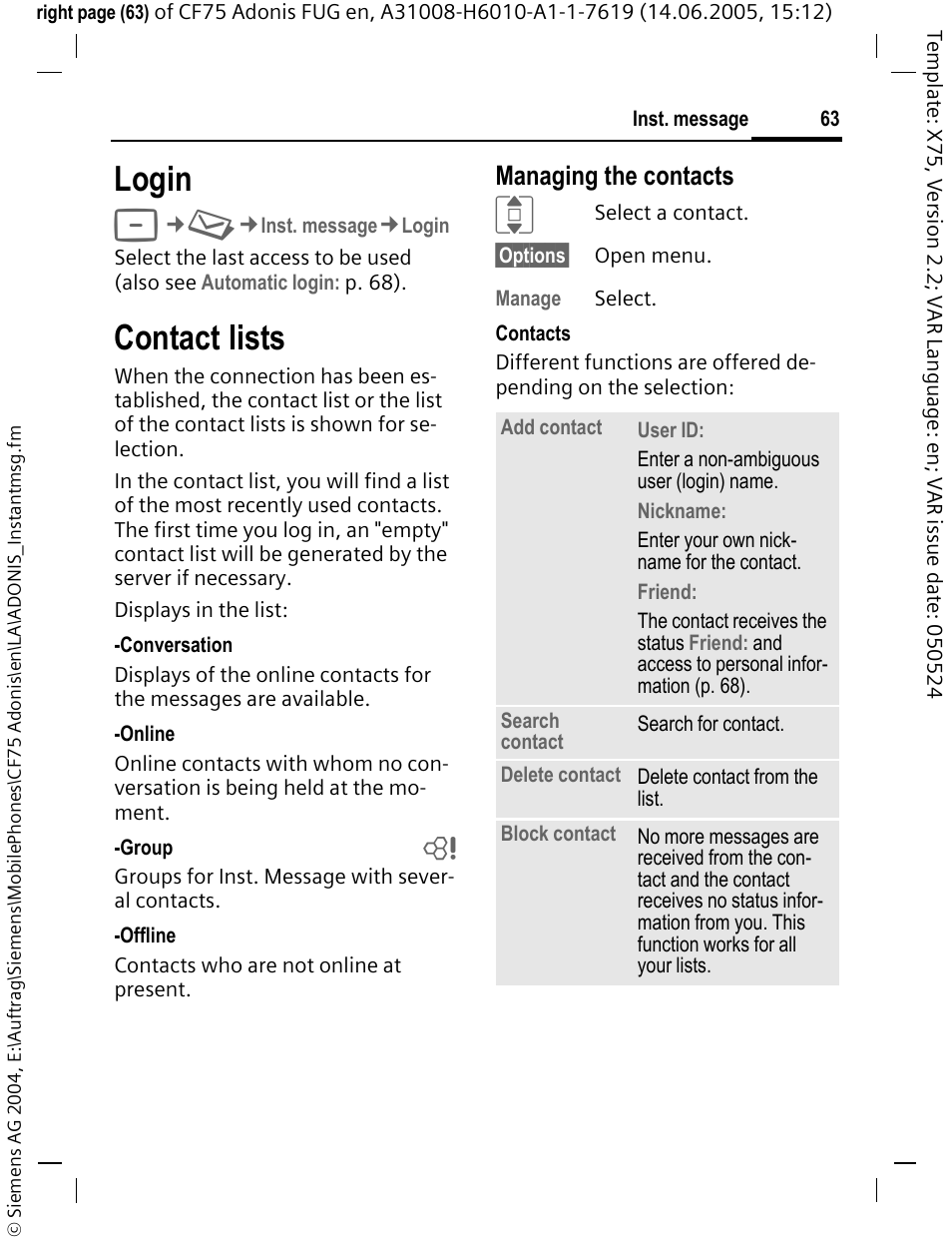 Login, Contact lists, Managing the contacts | Siemens CF75 User Manual | Page 64 / 150