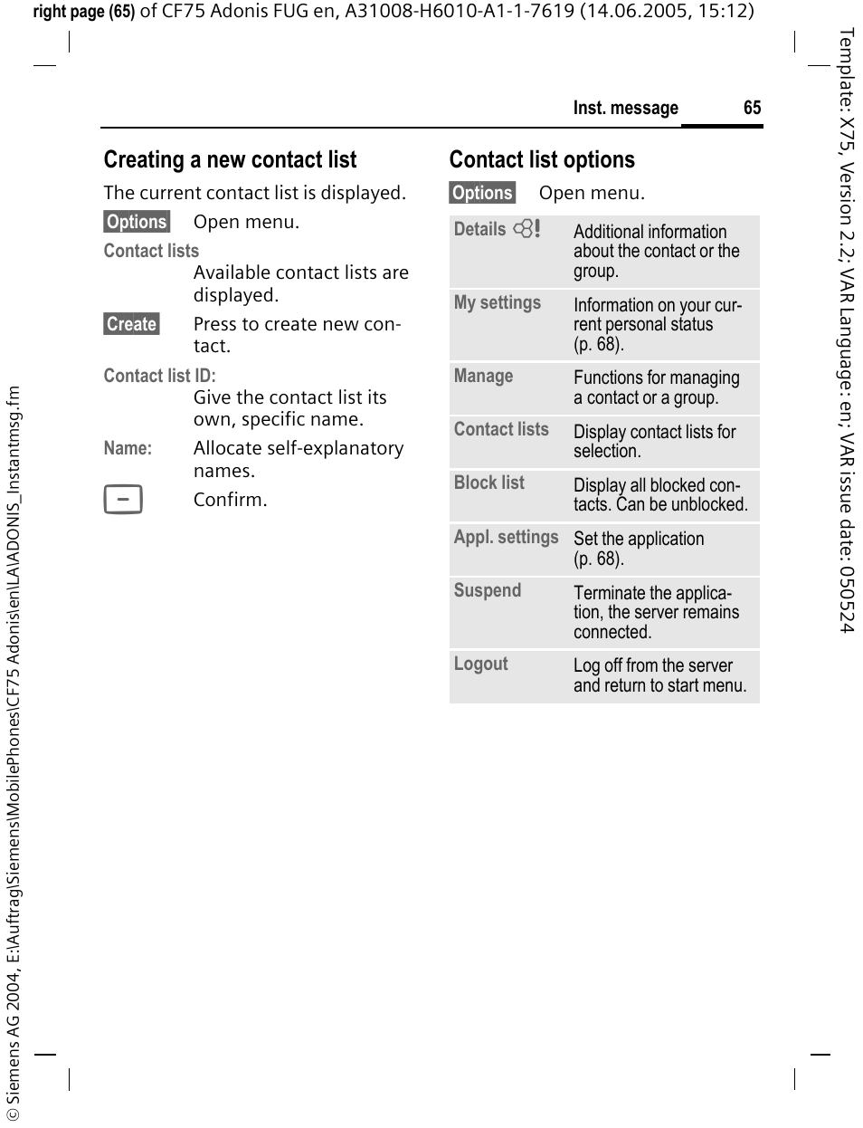 Creating a new contact list, Contact list options | Siemens CF75 User Manual | Page 66 / 150