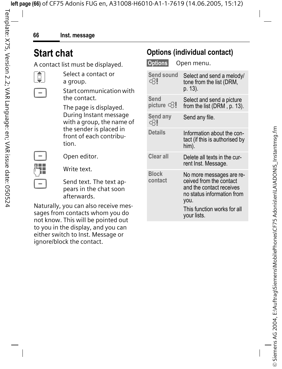 Start chat, P. 66), Options (individual contact) | Siemens CF75 User Manual | Page 67 / 150