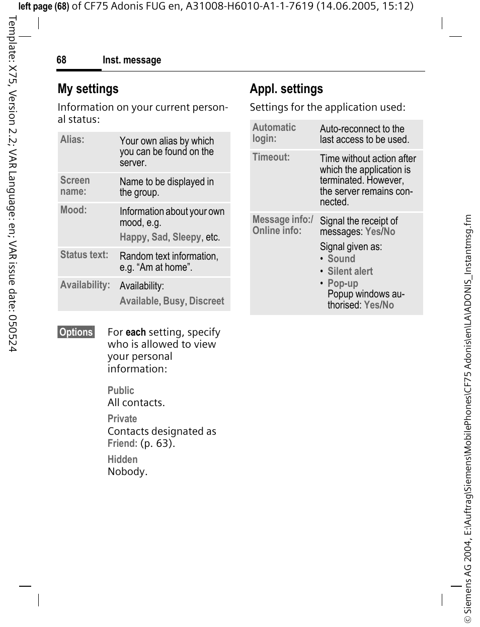 Specify your own status (p. 68), My settings, Appl. settings | Siemens CF75 User Manual | Page 69 / 150