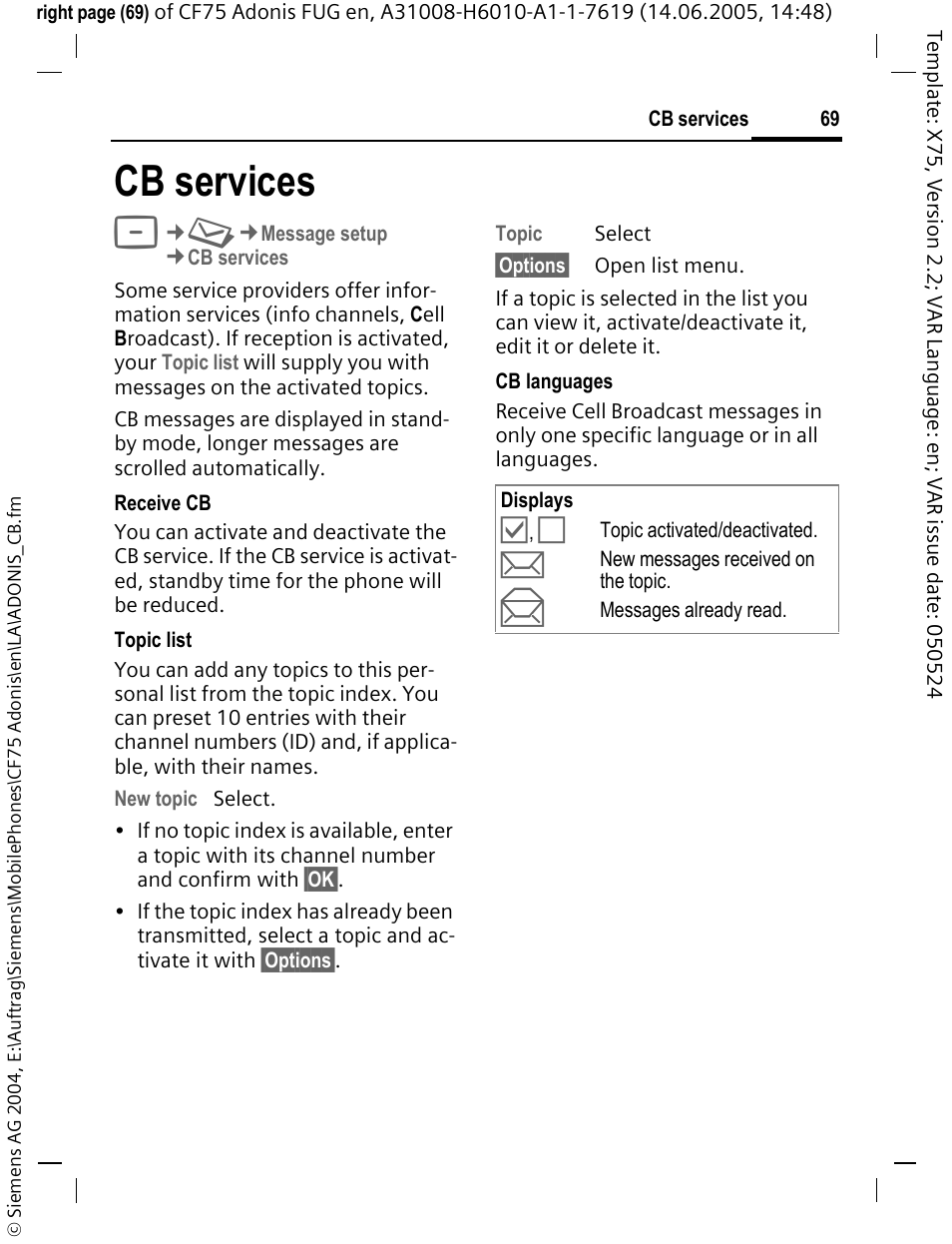 Cb services | Siemens CF75 User Manual | Page 70 / 150