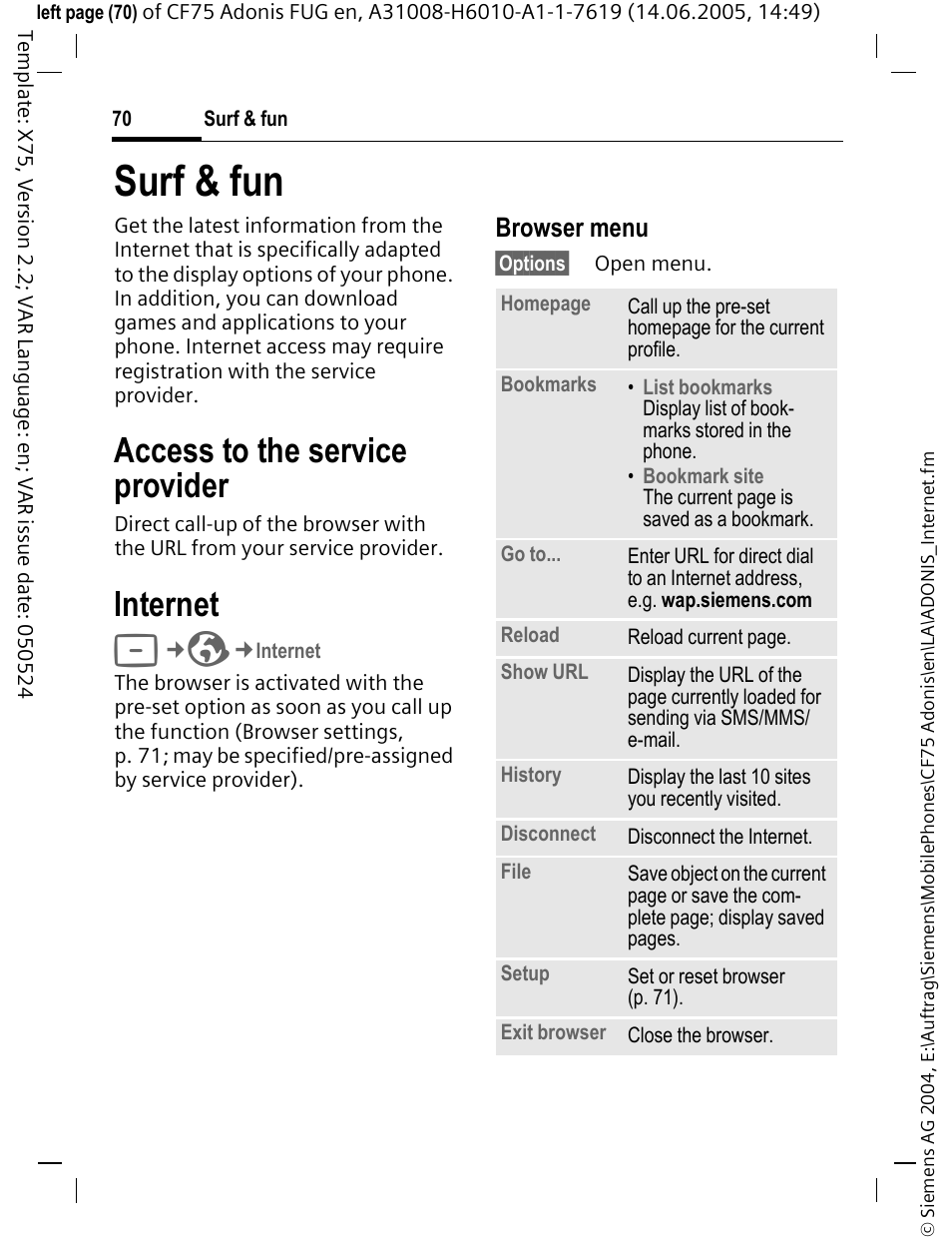 Surf & fun, Internet, Access to the service provider | Browser menu | Siemens CF75 User Manual | Page 71 / 150