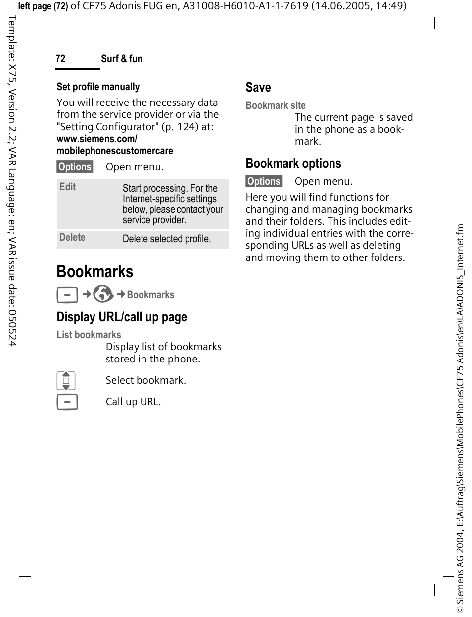 Bookmarks | Siemens CF75 User Manual | Page 73 / 150