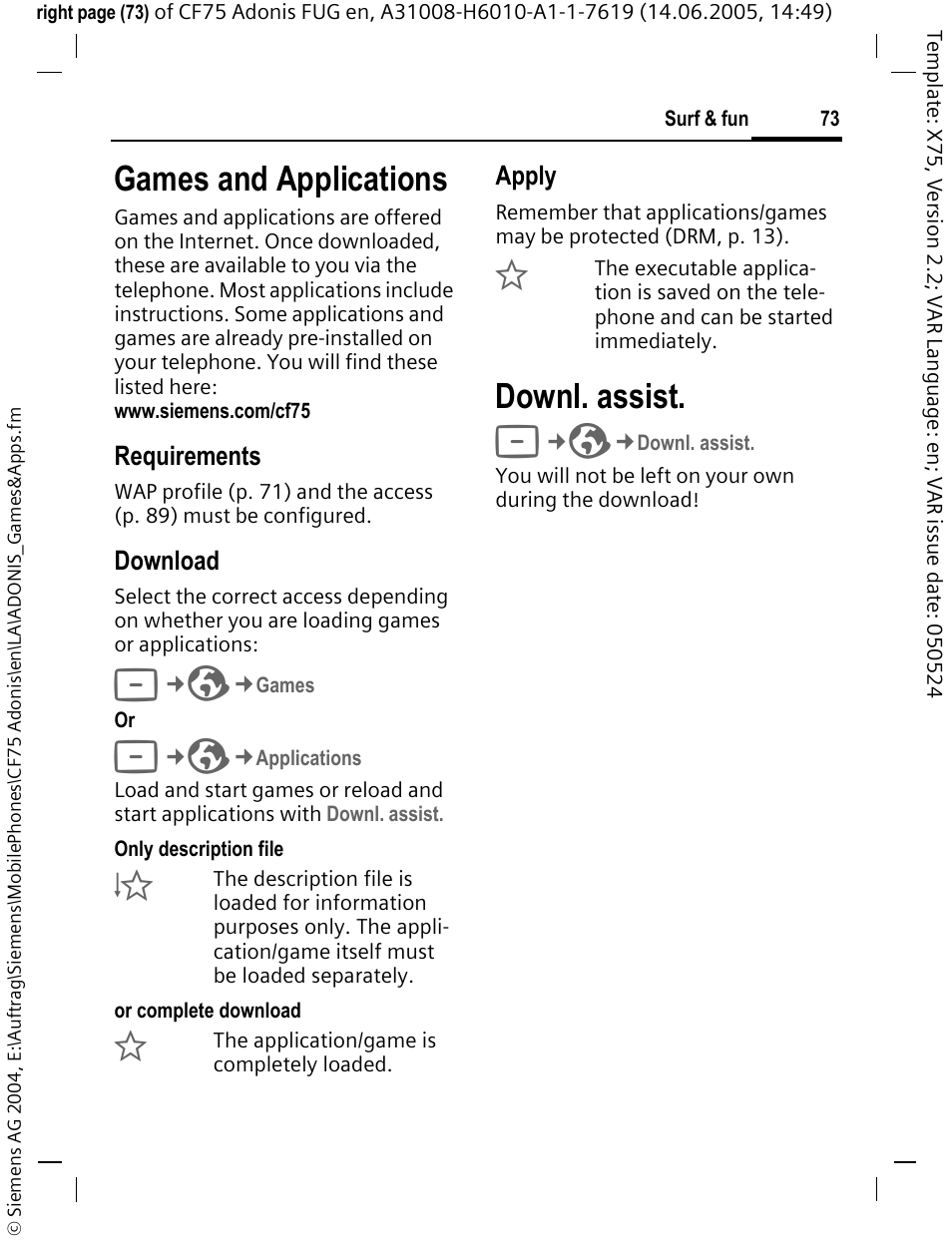 Games and applications, Downl. assist, Applications (p. 73) | Siemens CF75 User Manual | Page 74 / 150