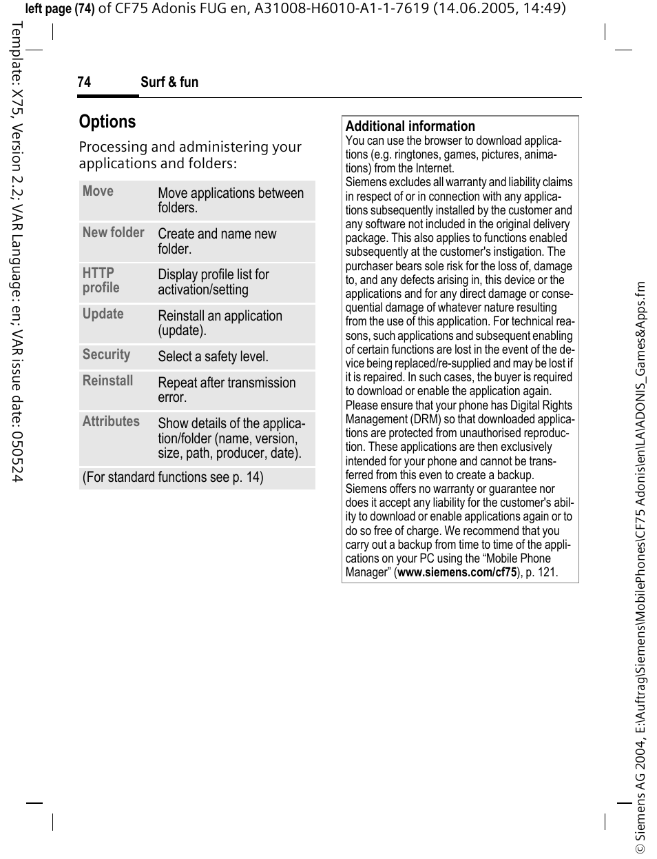 Options | Siemens CF75 User Manual | Page 75 / 150