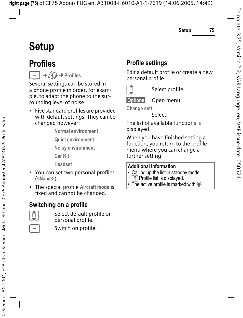 Setup, Profiles | Siemens CF75 User Manual | Page 76 / 150