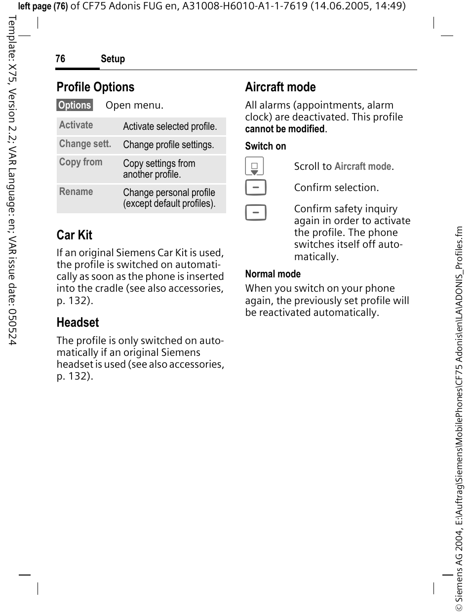 Profile options, Car kit, Headset | Aircraft mode | Siemens CF75 User Manual | Page 77 / 150