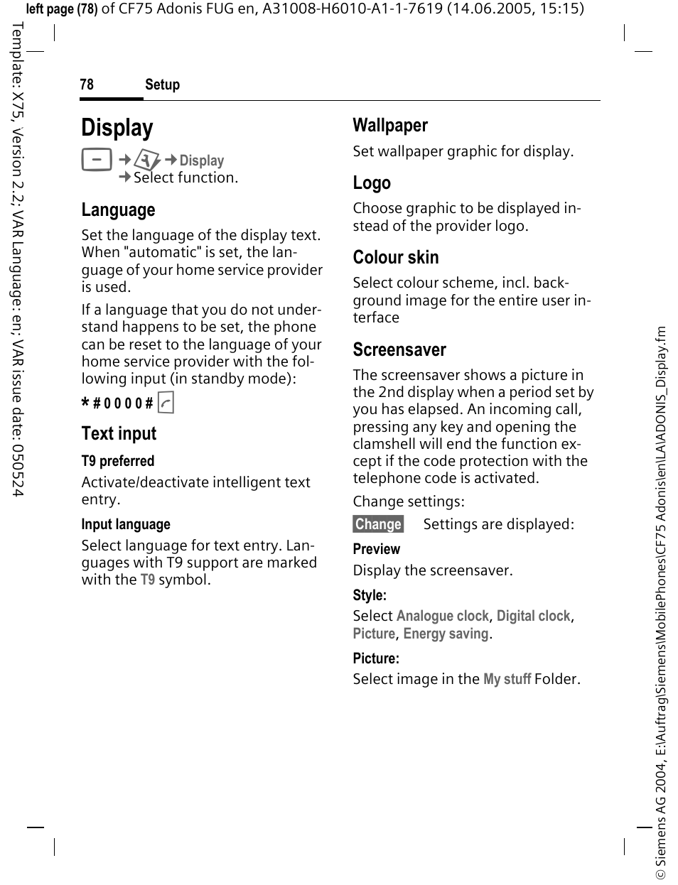 Display, Screensaver (p. 78), R) logo (p. 78) | Wallpaper (p. 78), Colour scheme (p. 78), Language, Text input, Wallpaper, Logo, Colour skin | Siemens CF75 User Manual | Page 79 / 150