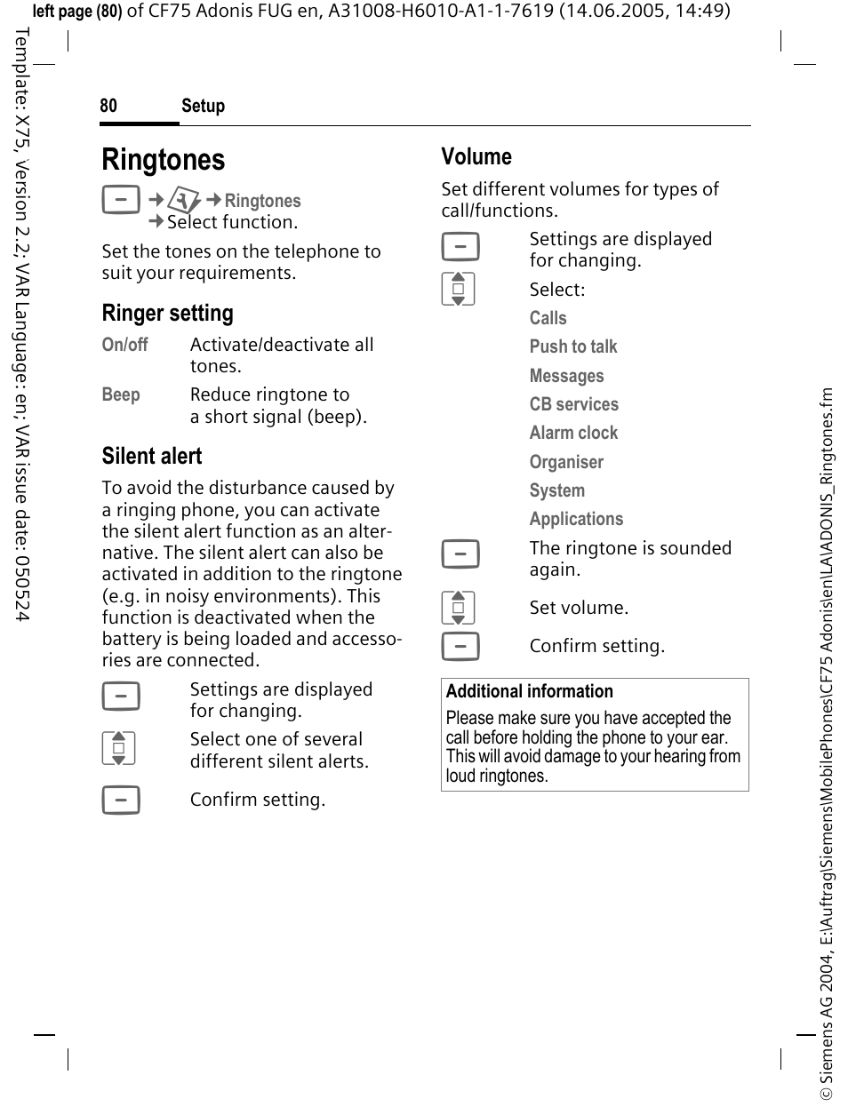 Ringtones, Ringtones (p. 80) | Siemens CF75 User Manual | Page 81 / 150