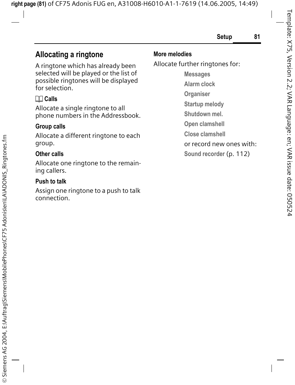 Allocating a ringtone | Siemens CF75 User Manual | Page 82 / 150