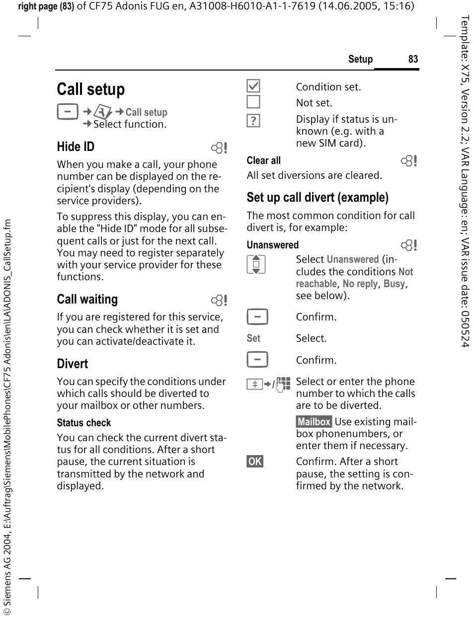 Call setup | Siemens CF75 User Manual | Page 84 / 150