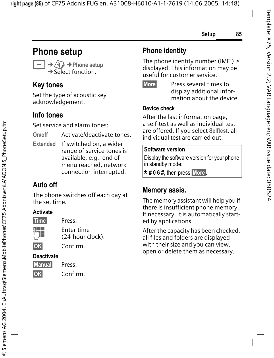 Phone setup, Key tones, Info tones | Auto off, Phone identity | Siemens CF75 User Manual | Page 86 / 150