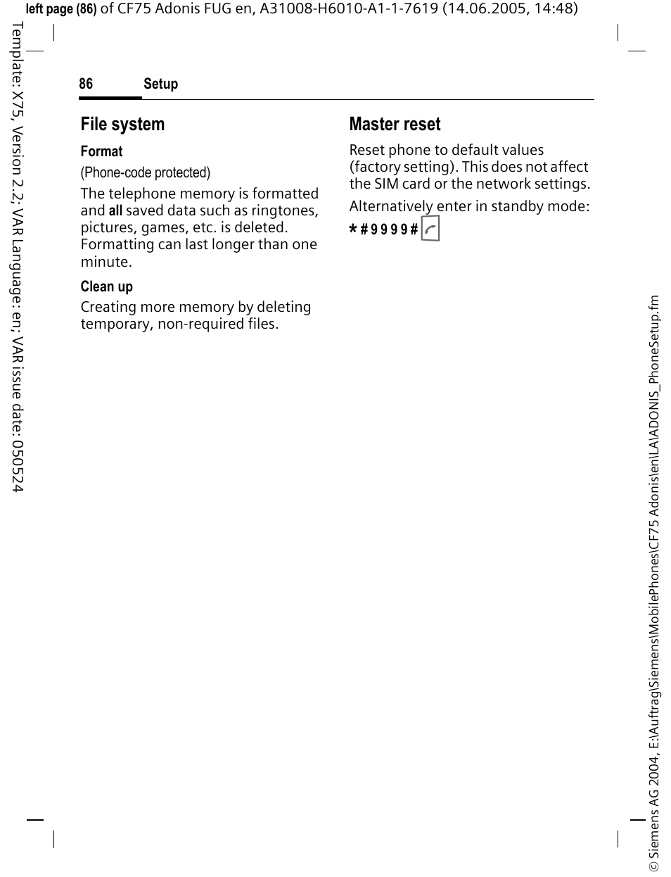 File system, Master reset | Siemens CF75 User Manual | Page 87 / 150