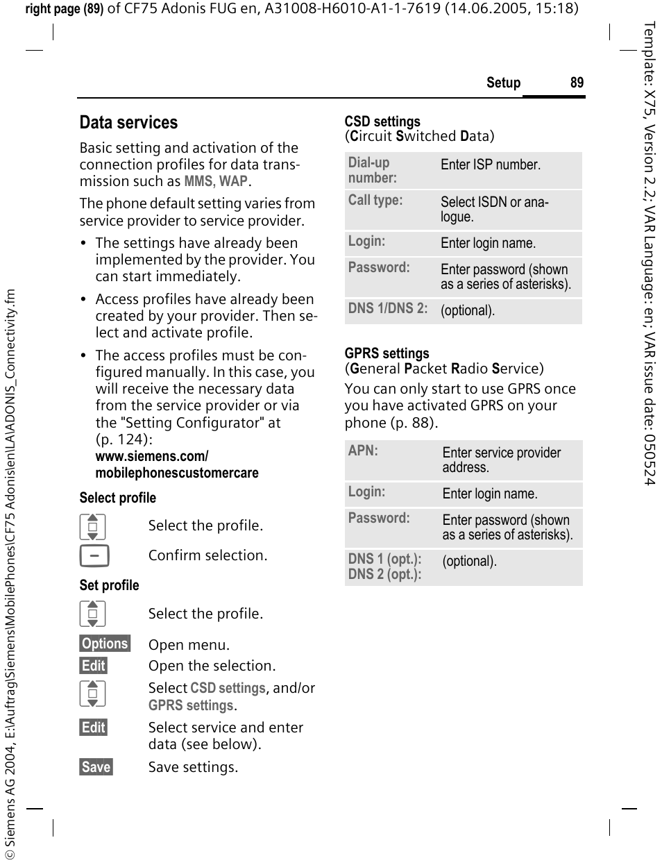 Data services | Siemens CF75 User Manual | Page 90 / 150