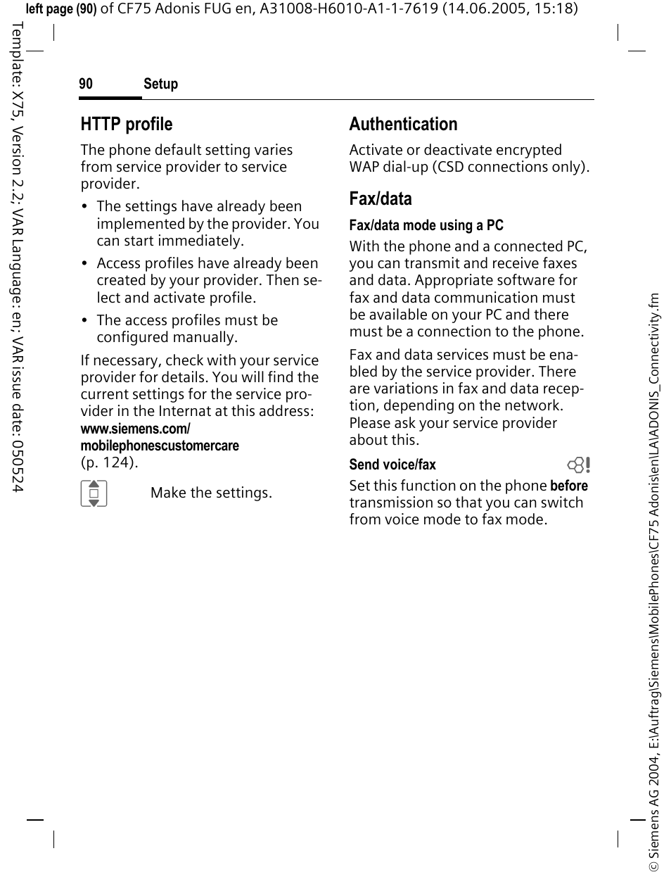 Authentication, Fax/data | Siemens CF75 User Manual | Page 91 / 150