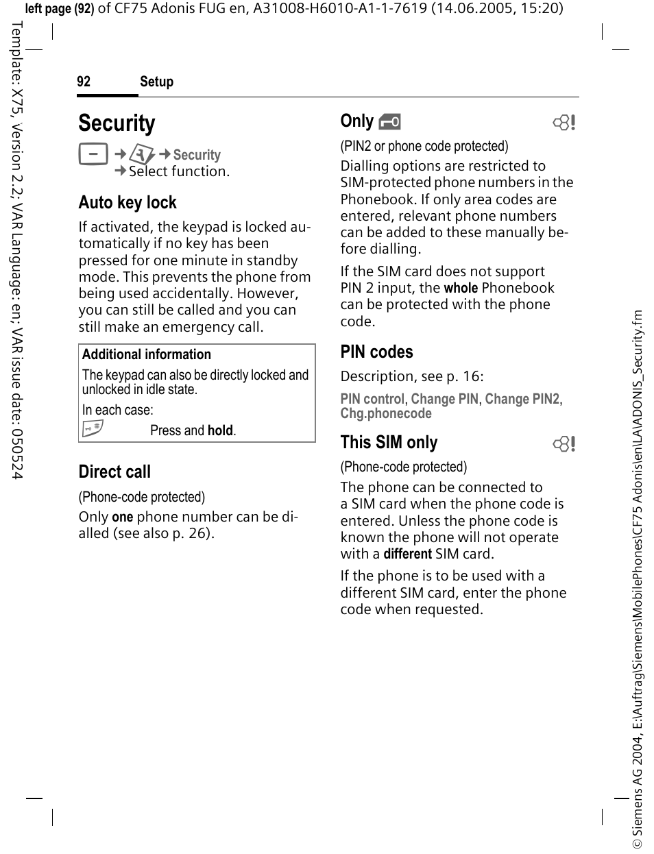 Security, Auto key lock, Direct call | Only, Pin codes, This sim only b | Siemens CF75 User Manual | Page 93 / 150