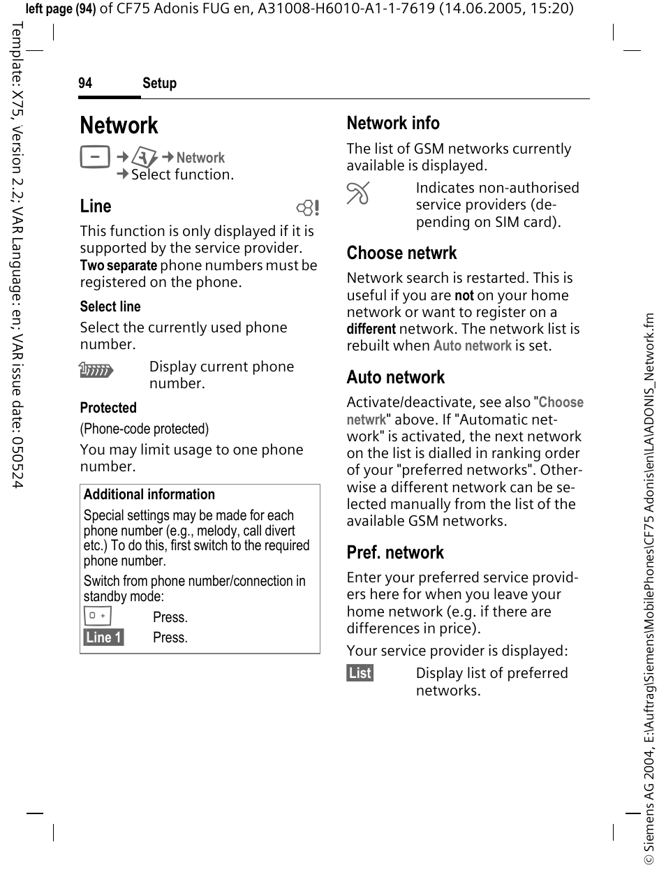 Network, Line b, Network info | Choose netwrk, Auto network, Pref. network | Siemens CF75 User Manual | Page 95 / 150