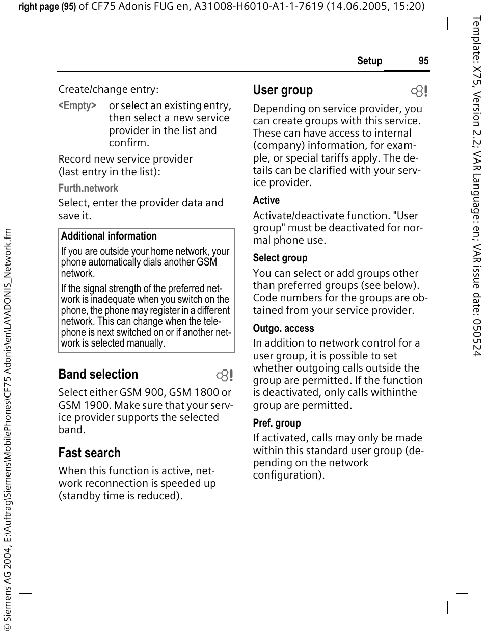 Band selection b, Fast search, User group b | Siemens CF75 User Manual | Page 96 / 150