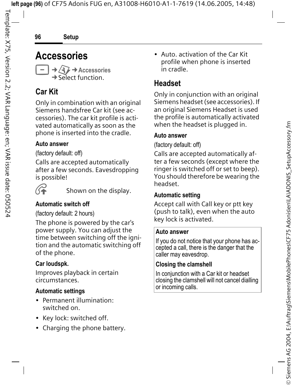 Accessories, Car kit, Headset | Siemens CF75 User Manual | Page 97 / 150
