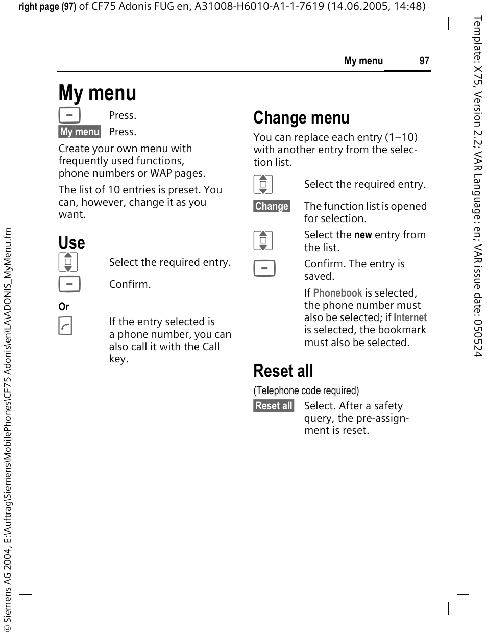 My menu, Quently (p. 97) used functions, Change menu | Reset all | Siemens CF75 User Manual | Page 98 / 150