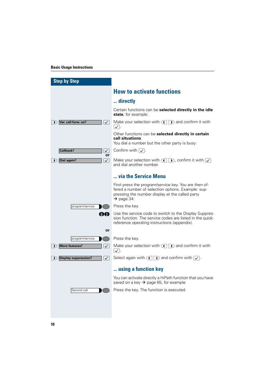 How to activate functions, Directly, Via the service menu | Using a function key | Siemens OptiPoint 410 User Manual | Page 10 / 108