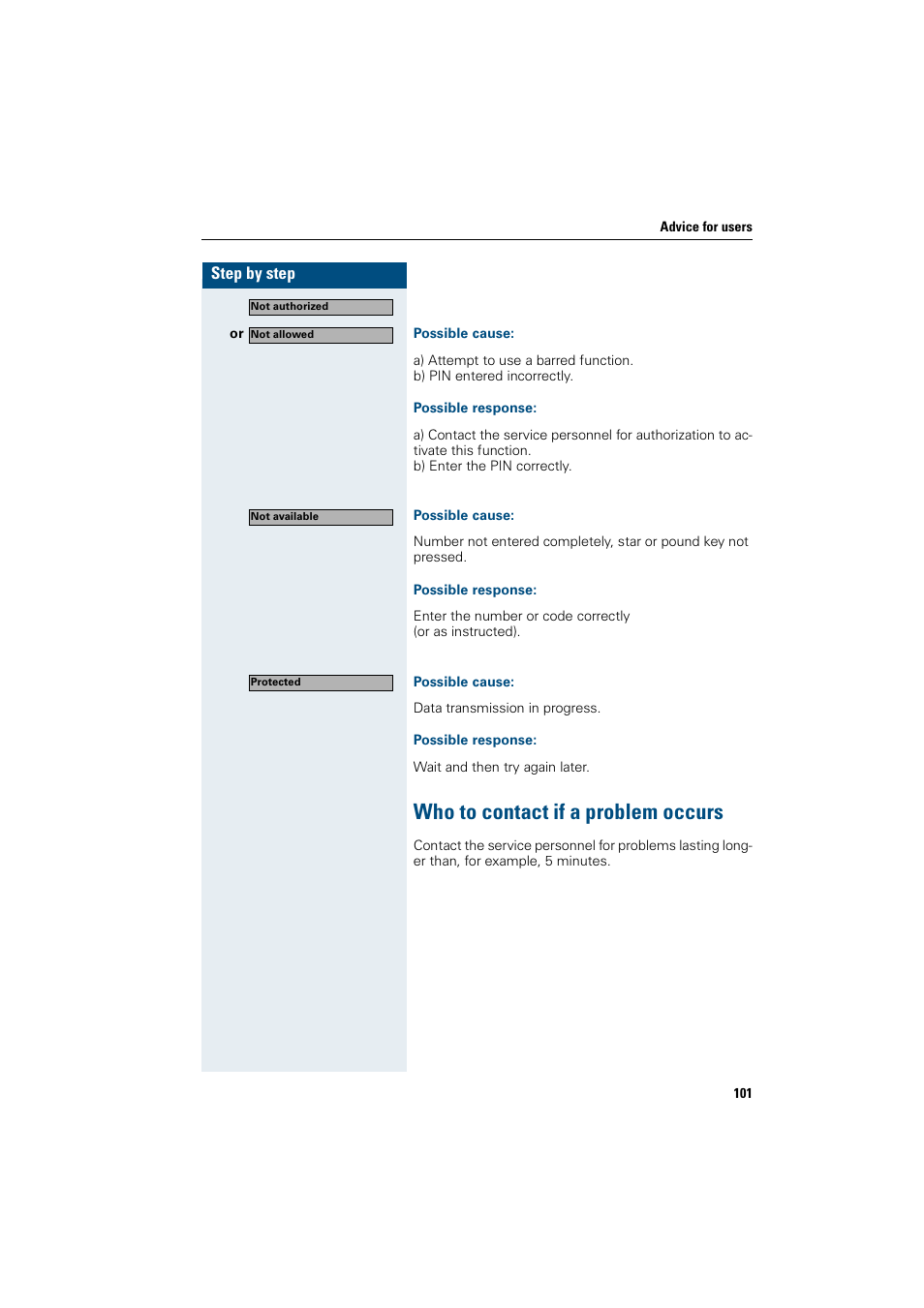 Possible cause, Possible response, Who to contact if a problem occurs | Siemens OptiPoint 410 User Manual | Page 101 / 108