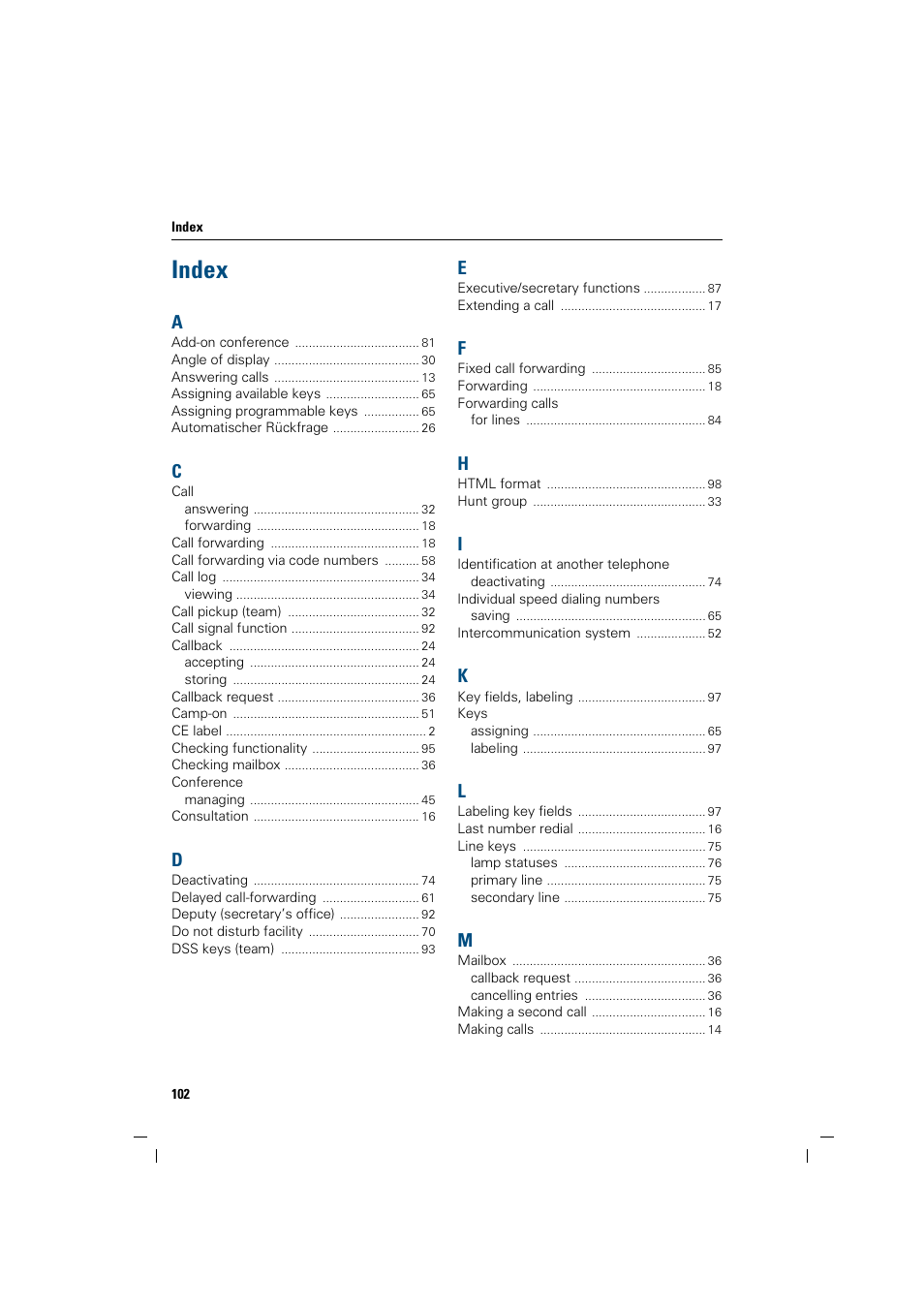 Index | Siemens OptiPoint 410 User Manual | Page 102 / 108