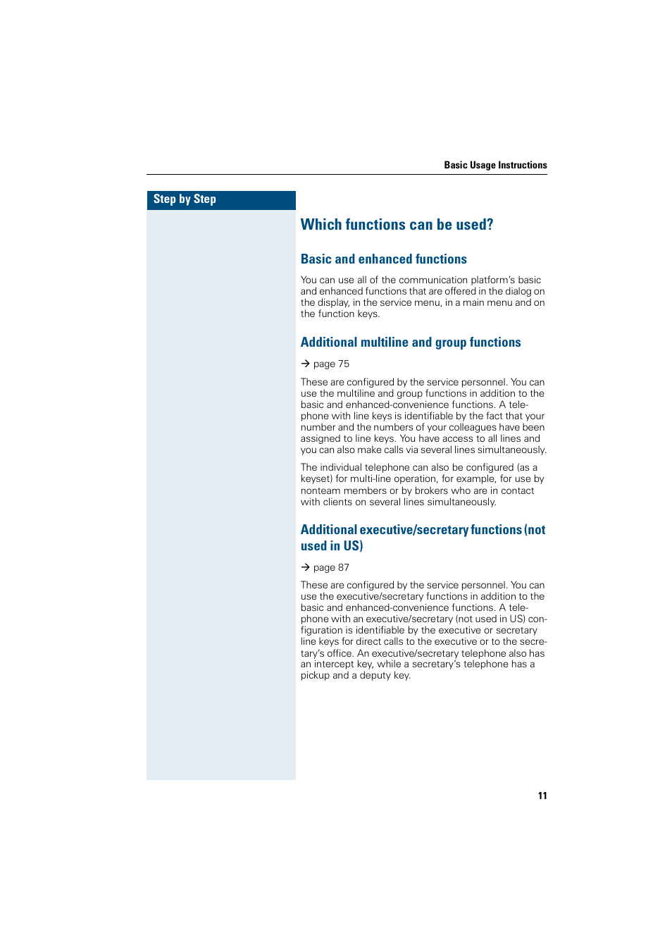 Which functions can be used, Basic and enhanced functions, Additional multiline and group functions | Siemens OptiPoint 410 User Manual | Page 11 / 108