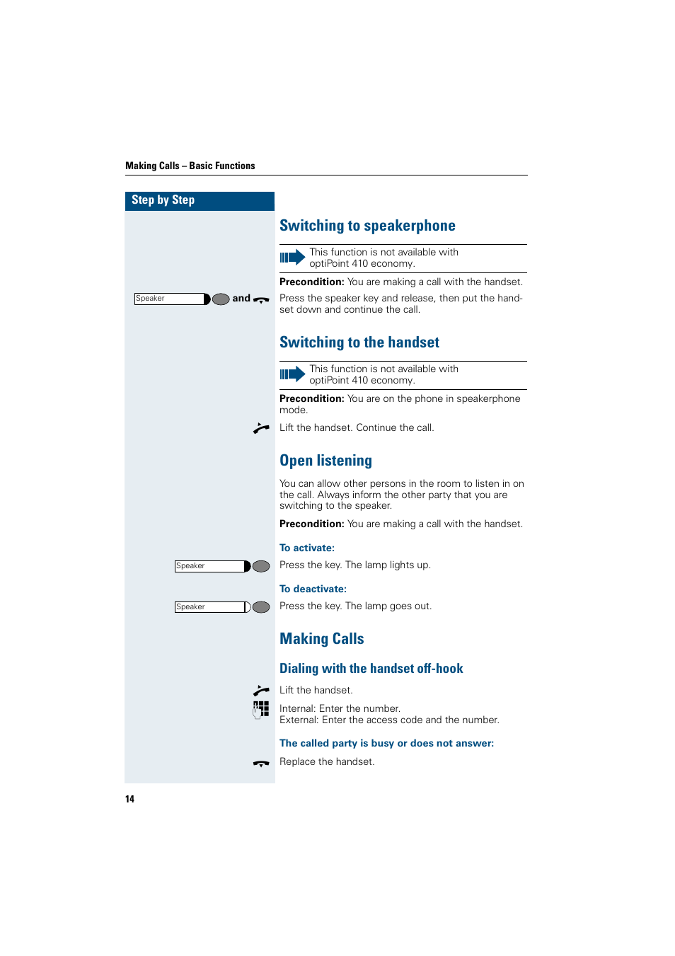 Switching to speakerphone, Switching to the handset, Open listening | To activate, To deactivate, Making calls, Dialing with the handset off-hook, The called party is busy or does not answer, Switching to speakerphone | Siemens OptiPoint 410 User Manual | Page 14 / 108