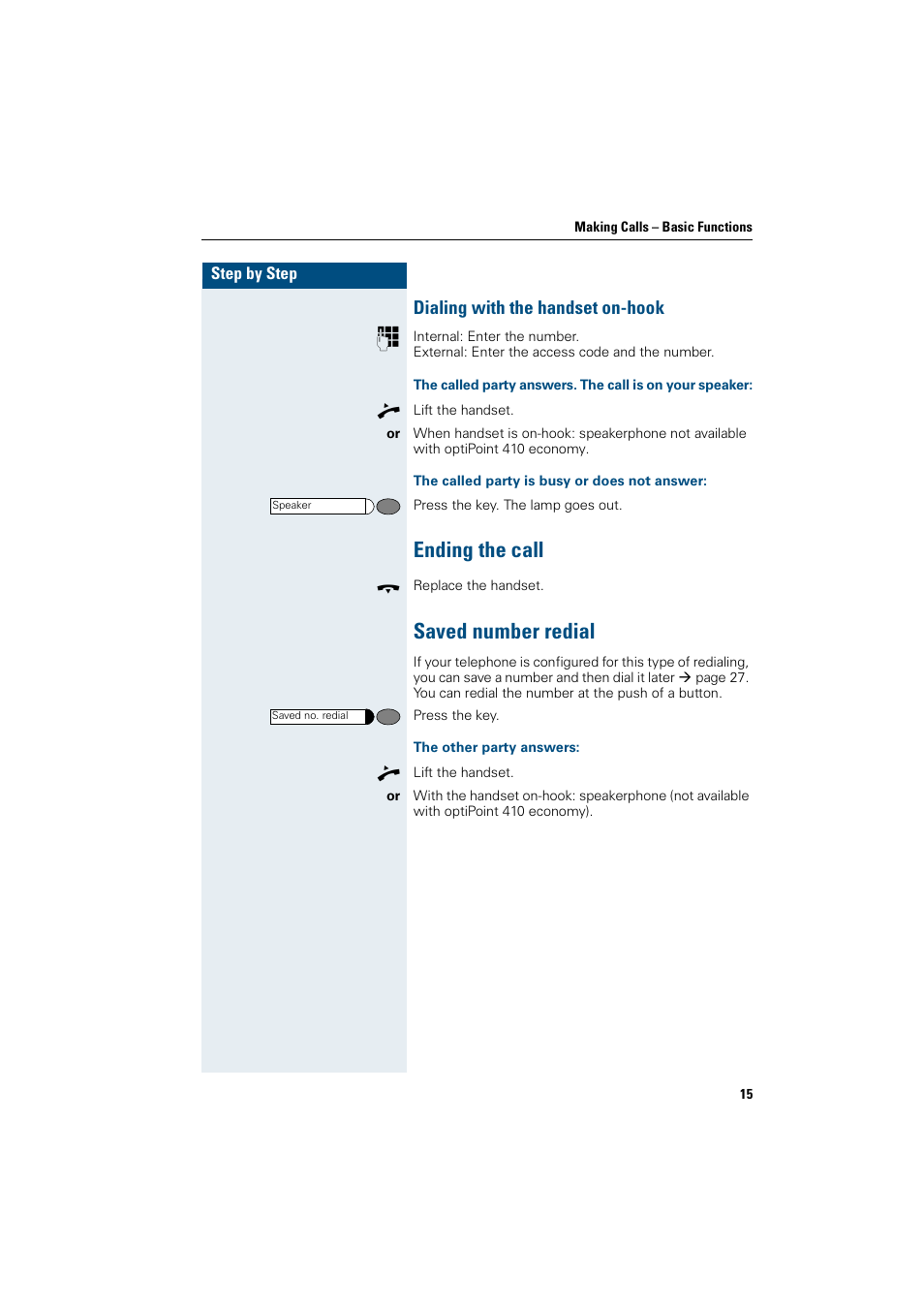 Dialing with the handset on-hook, The called party is busy or does not answer, Ending the call | Saved number redial, The other party answers, Ending the call saved number redial | Siemens OptiPoint 410 User Manual | Page 15 / 108