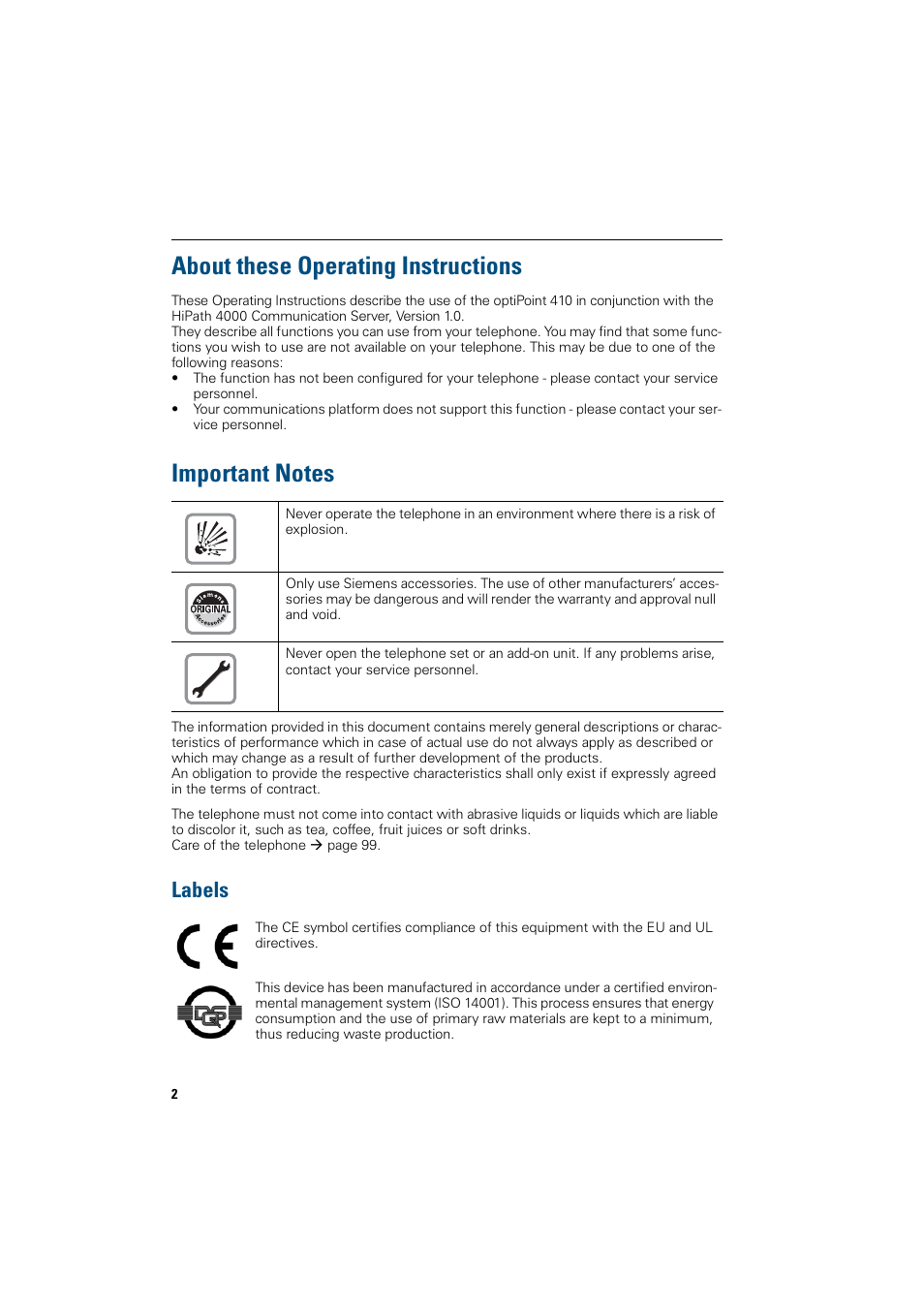 About these operating instructions, Important notes, Labels | Siemens OptiPoint 410 User Manual | Page 2 / 108