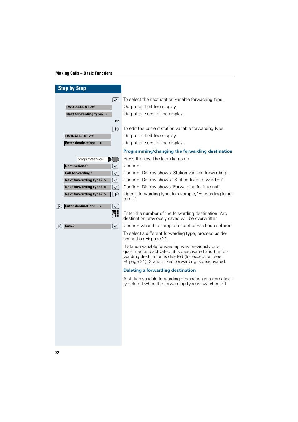 Programming/changing the forwarding destination, Deleting a forwarding destination | Siemens OptiPoint 410 User Manual | Page 22 / 108