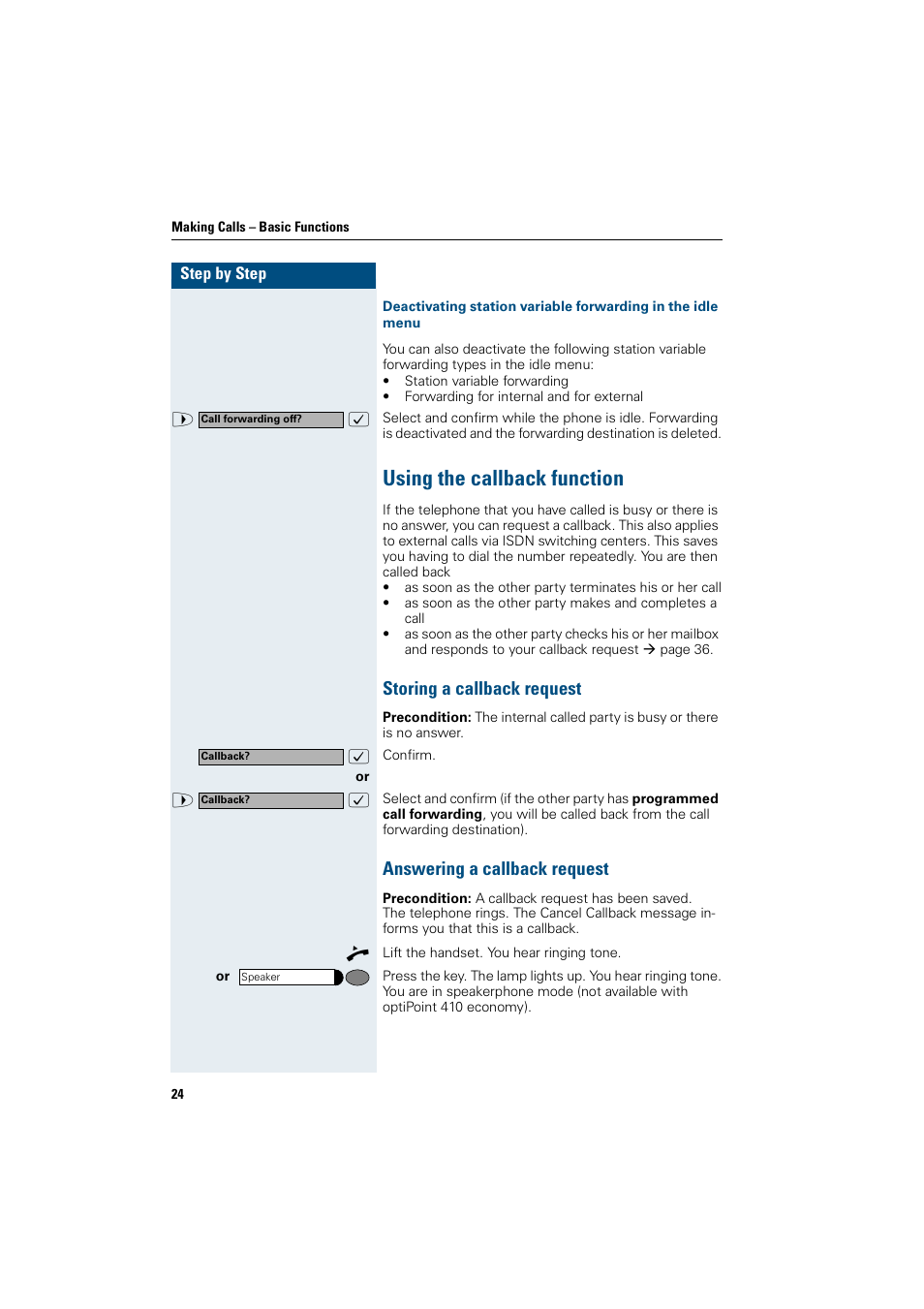 Using the callback function, Storing a callback request, Answering a callback request | Siemens OptiPoint 410 User Manual | Page 24 / 108