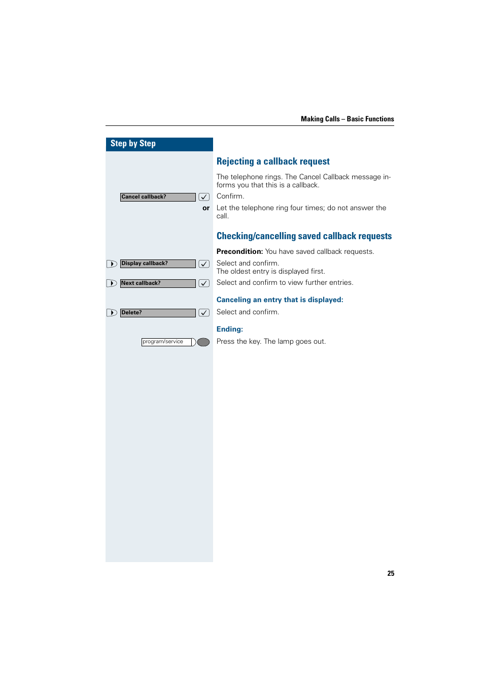 Rejecting a callback request, Checking/cancelling saved callback requests, Canceling an entry that is displayed | Ending | Siemens OptiPoint 410 User Manual | Page 25 / 108