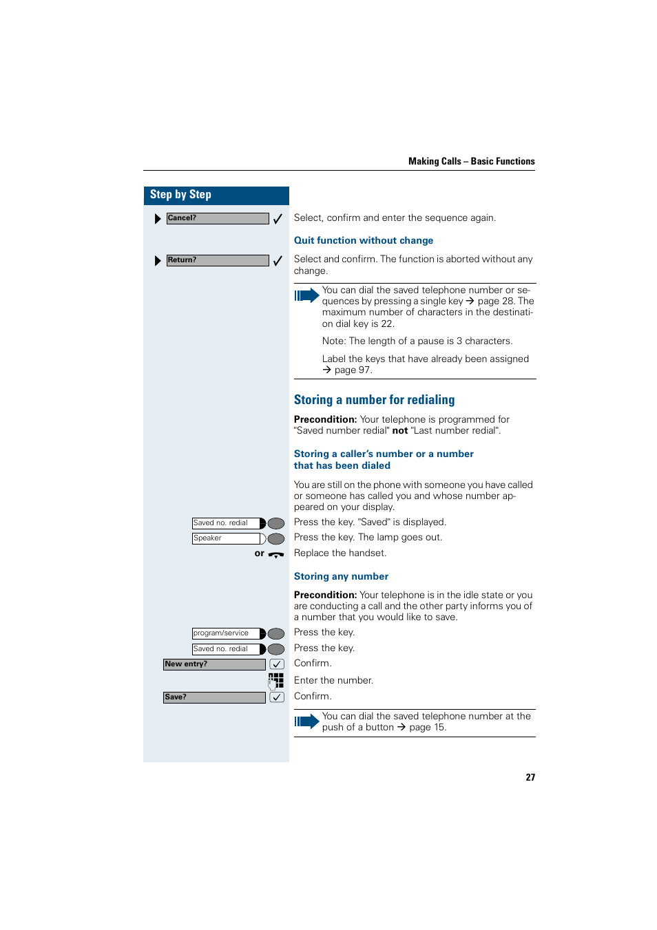 Quit function without change, Storing a number for redialing, Storing any number | Siemens OptiPoint 410 User Manual | Page 27 / 108
