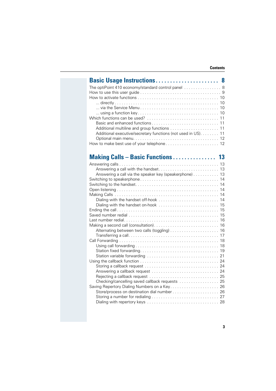 Basic usage instructions, Making calls – basic functions | Siemens OptiPoint 410 User Manual | Page 3 / 108