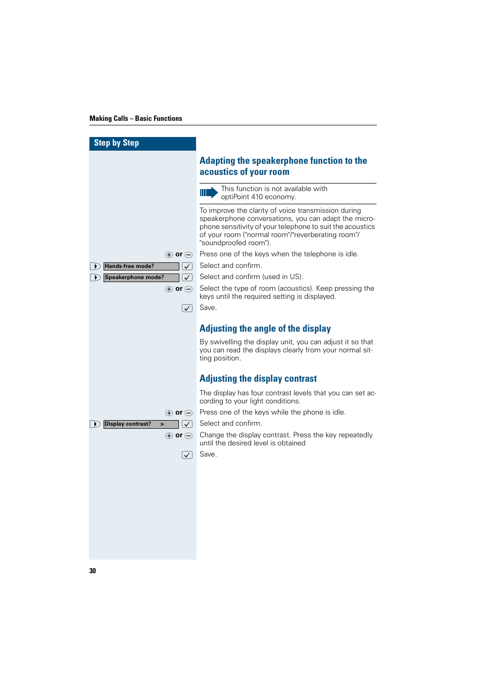 Adjusting the angle of the display, Adjusting the display contrast | Siemens OptiPoint 410 User Manual | Page 30 / 108