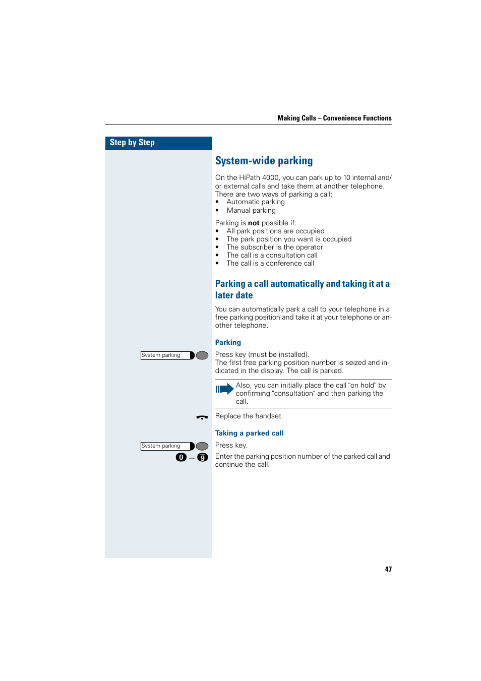 System-wide parking, Parking, Taking a parked call | Siemens OptiPoint 410 User Manual | Page 47 / 108