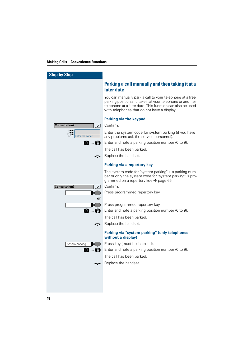 Parking via the keypad, Parking via a repertory key | Siemens OptiPoint 410 User Manual | Page 48 / 108