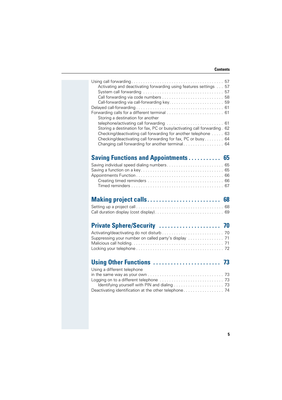 Saving functions and appointments, Making project calls, Private sphere/security | Using other functions | Siemens OptiPoint 410 User Manual | Page 5 / 108