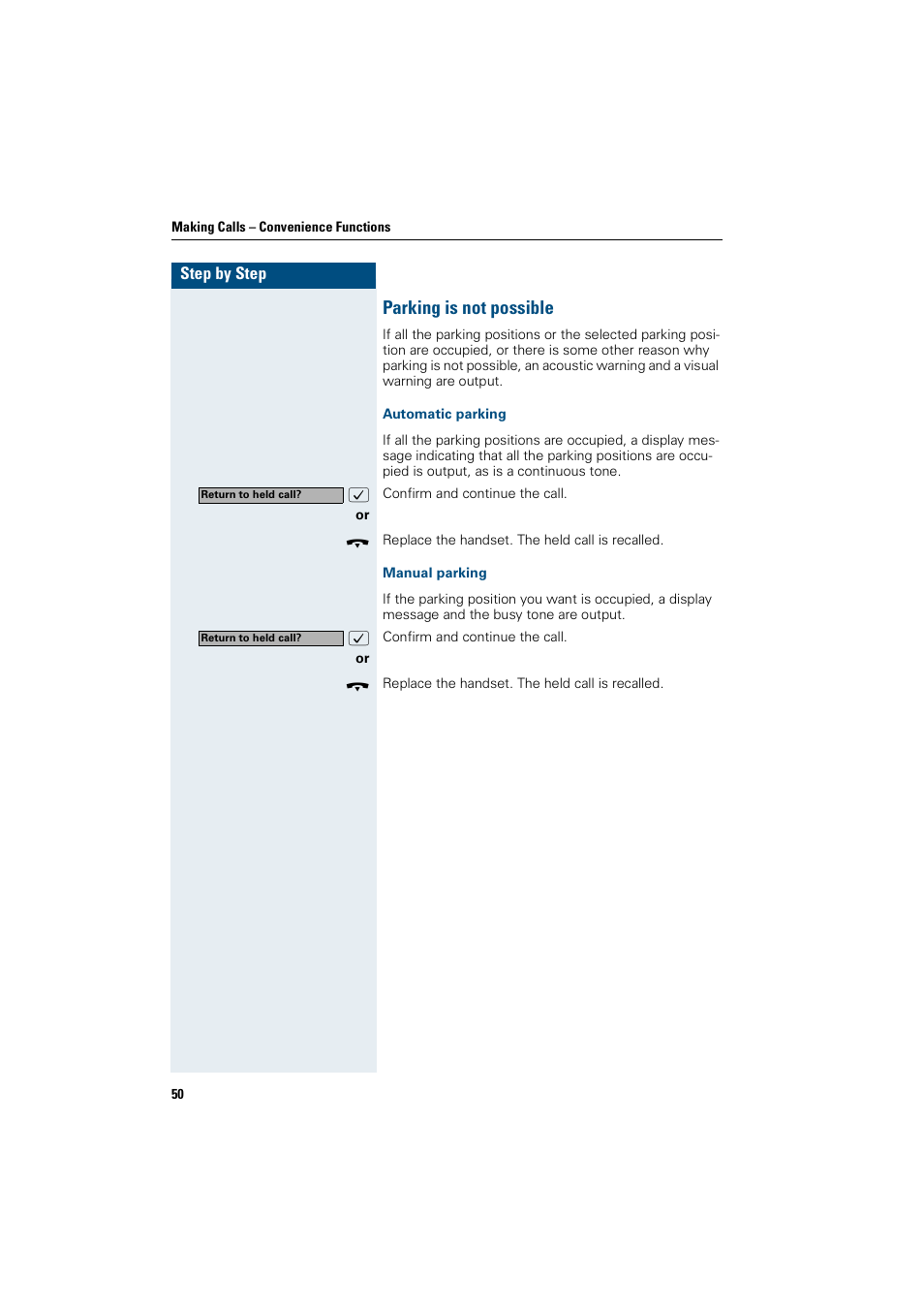 Parking is not possible, Automatic parking, Manual parking | Siemens OptiPoint 410 User Manual | Page 50 / 108