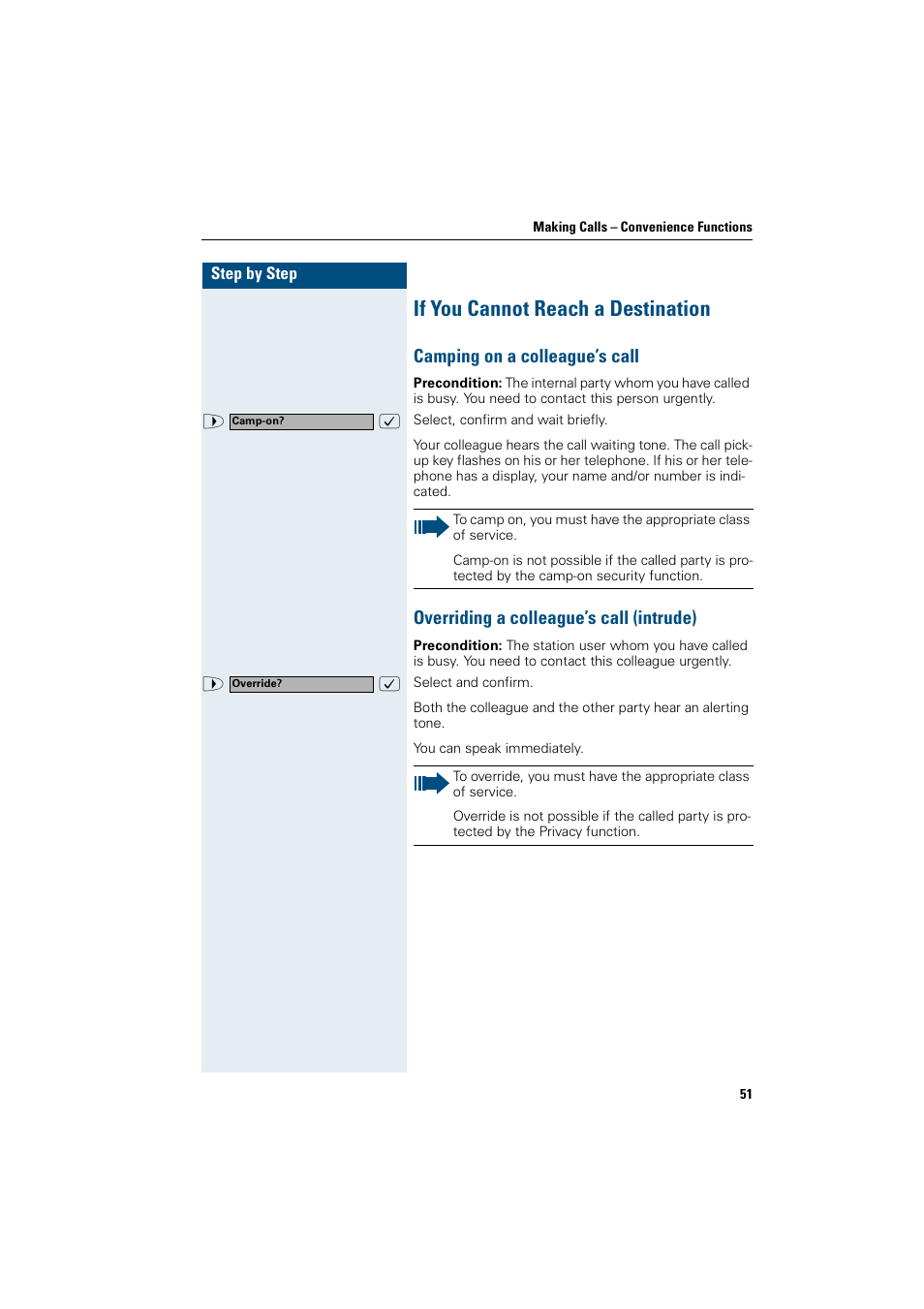 If you cannot reach a destination, Camping on a colleague’s call, Overriding a colleague’s call (intrude) | Siemens OptiPoint 410 User Manual | Page 51 / 108