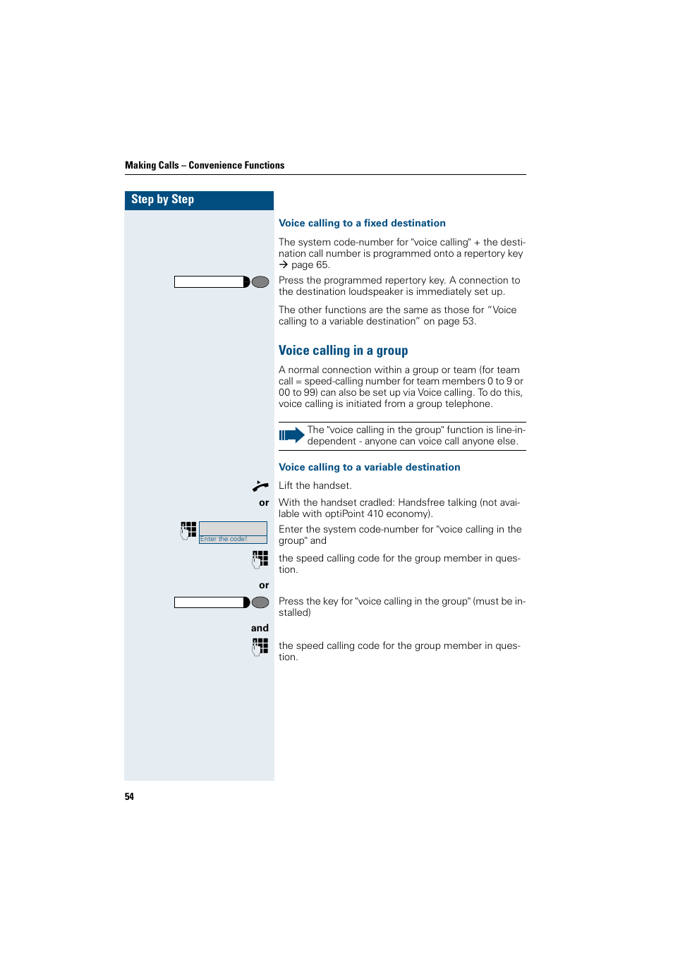 Voice calling to a fixed destination, Voice calling in a group, Voice calling to a variable destination | Siemens OptiPoint 410 User Manual | Page 54 / 108