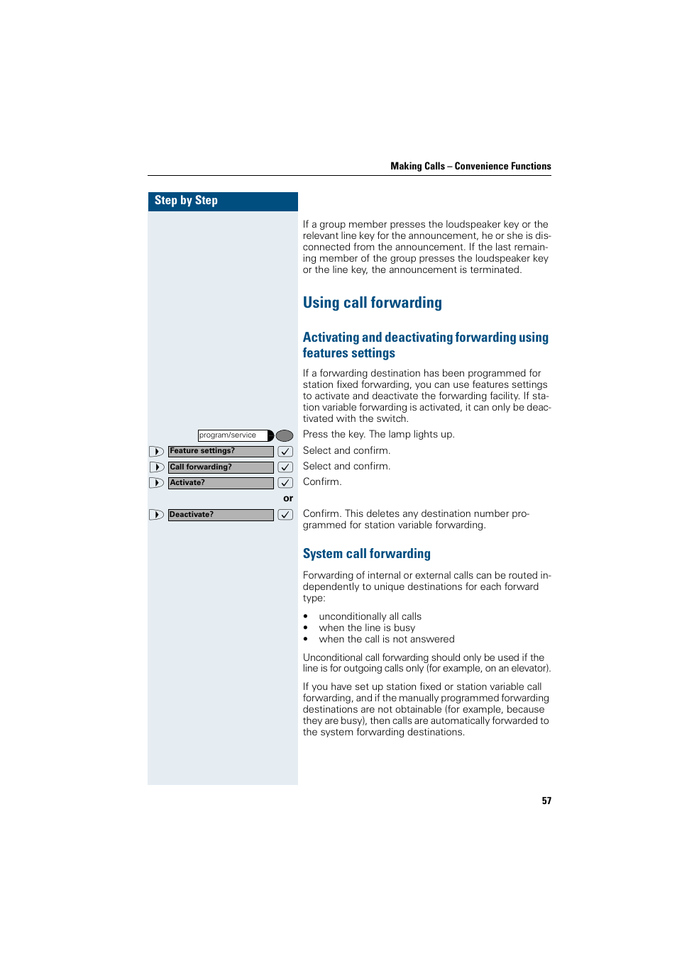 Using call forwarding, System call forwarding | Siemens OptiPoint 410 User Manual | Page 57 / 108