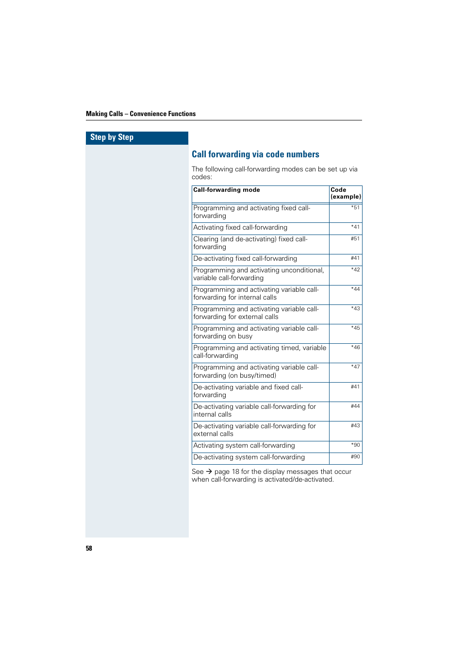 Call forwarding via code numbers, Step by step | Siemens OptiPoint 410 User Manual | Page 58 / 108