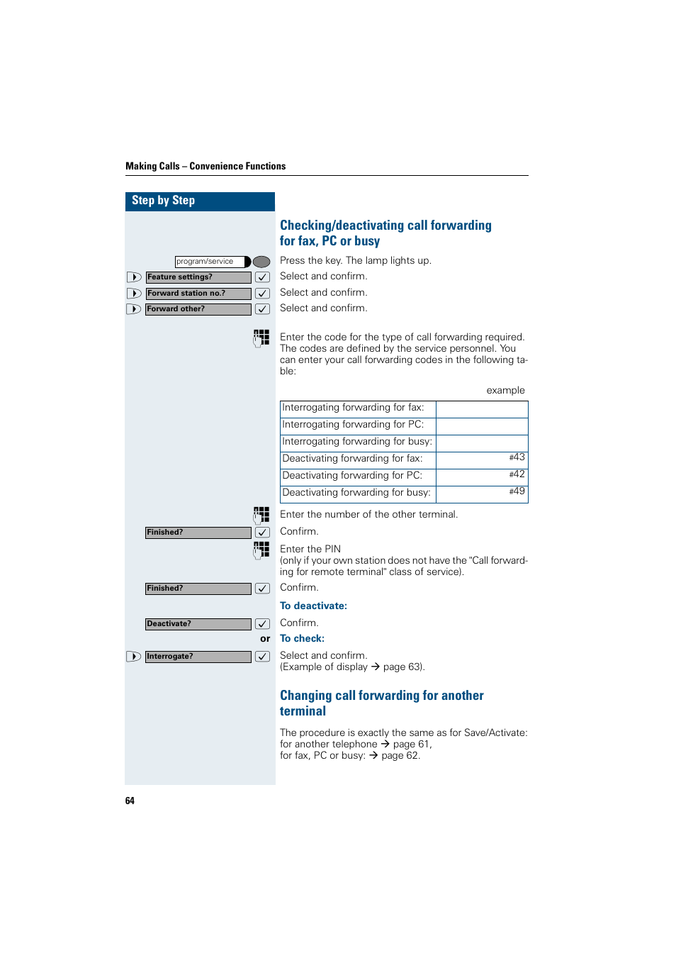 To deactivate, To check, Changing call forwarding for another terminal | Changing call forwarding for another terminal | Siemens OptiPoint 410 User Manual | Page 64 / 108