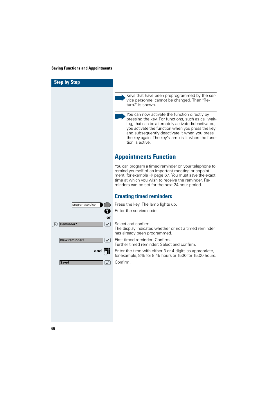 Appointments function, Creating timed reminders | Siemens OptiPoint 410 User Manual | Page 66 / 108