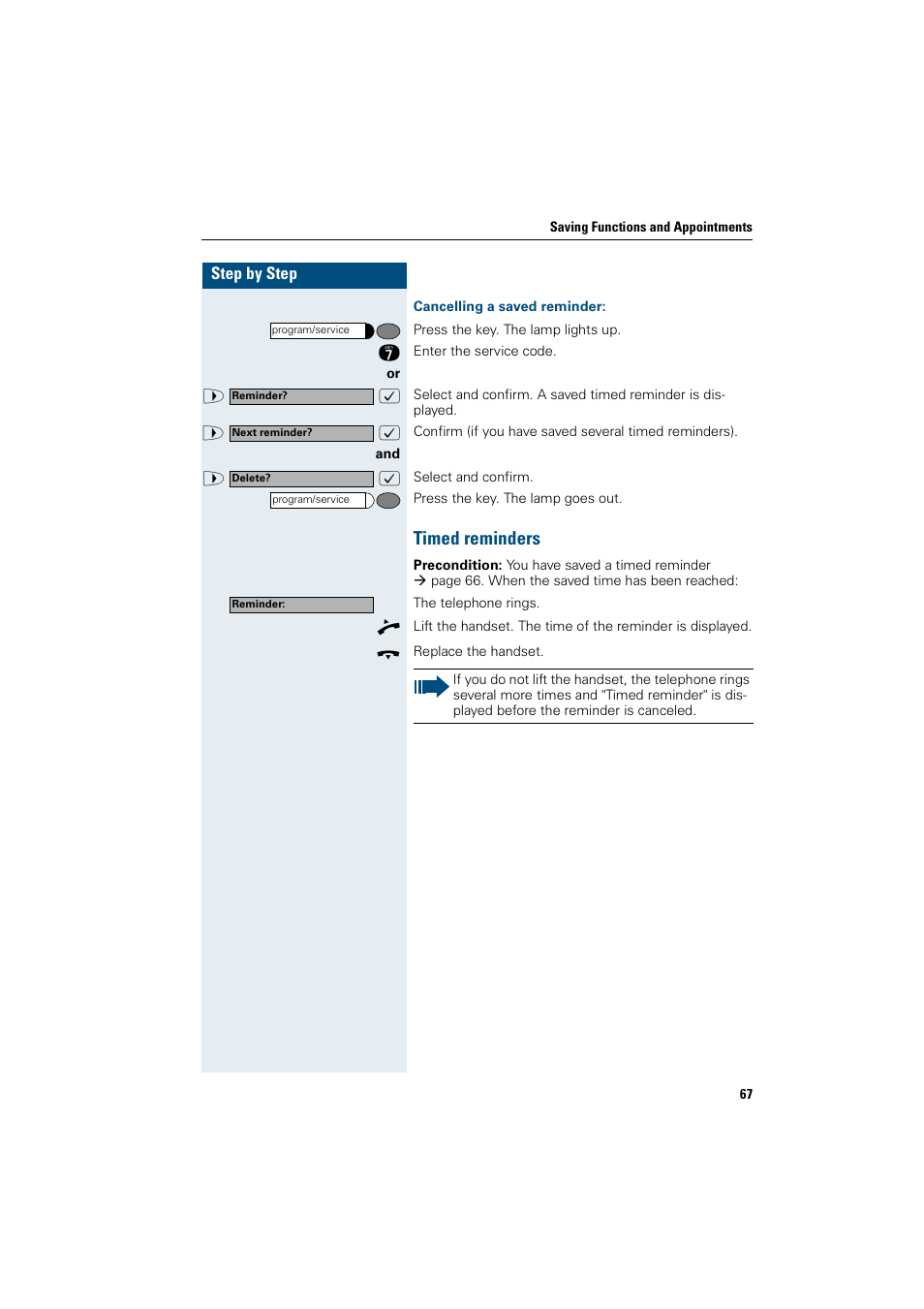 Cancelling a saved reminder, Timed reminders | Siemens OptiPoint 410 User Manual | Page 67 / 108