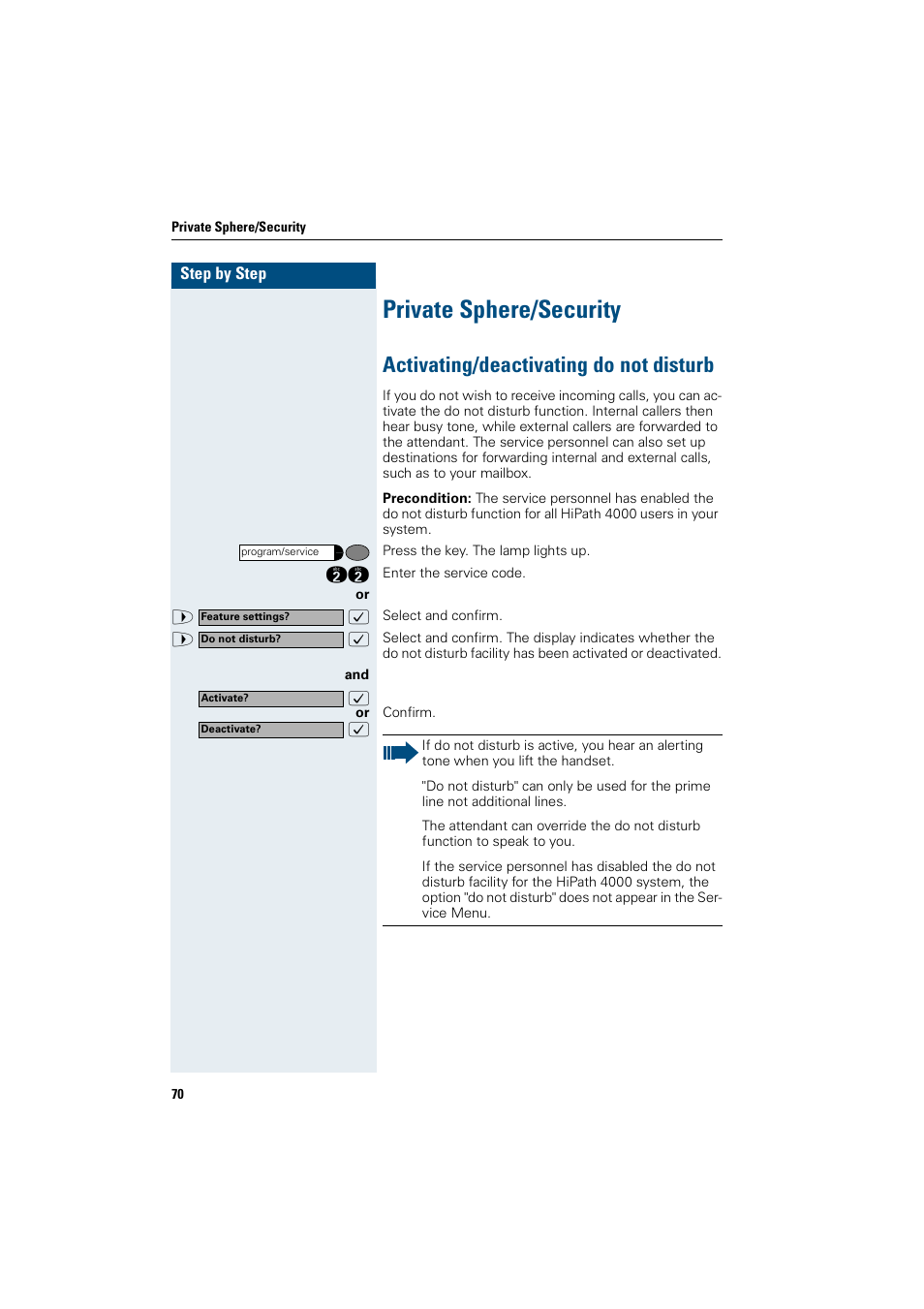 Private sphere/security, Activating/deactivating do not disturb | Siemens OptiPoint 410 User Manual | Page 70 / 108