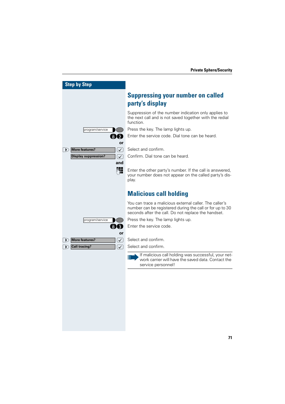 Suppressing your number on called party’s display, Malicious call holding | Siemens OptiPoint 410 User Manual | Page 71 / 108